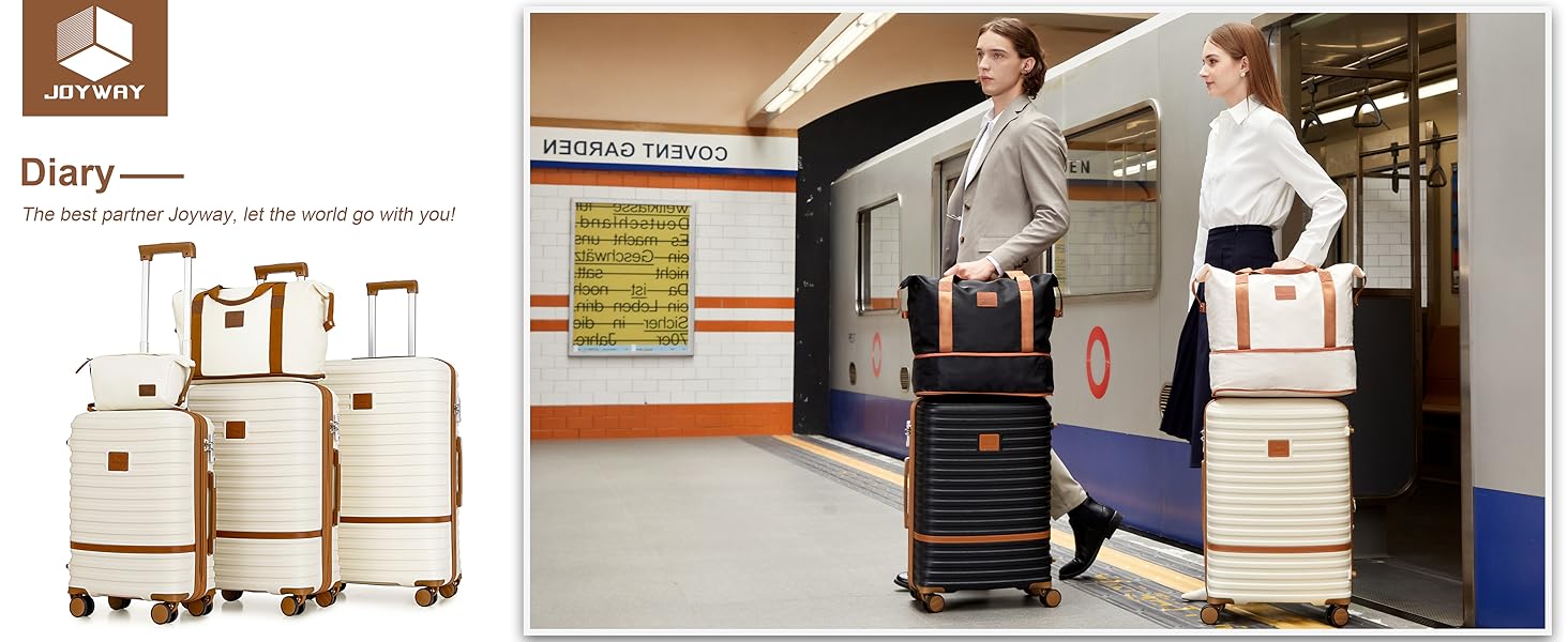 Набір дорожніх валіз Joyway 6 предметів, жорстка оболонка, з косметичкою, 4 колесами та TSA-замком, білий/коричневий
