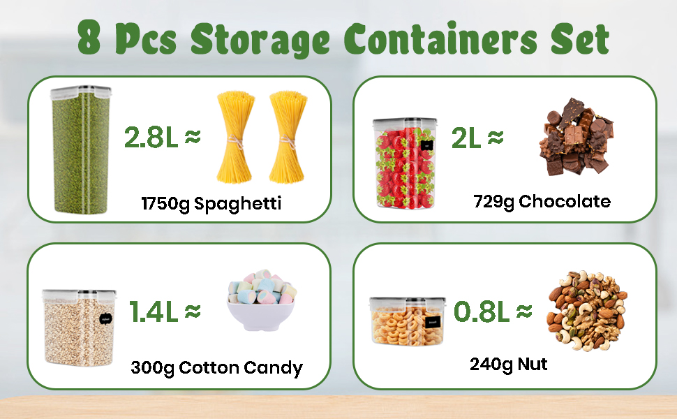 Набір банок для зберігання Баоцзун 8, кухонний органайзер для зберігання, герметичний контейнер для зберігання з кришкою, Набори банок для зберігання банок для круп / спагетті / борошна / без бісфенолу А (2,8 л,2 л,1,4 л, 0,8 л)