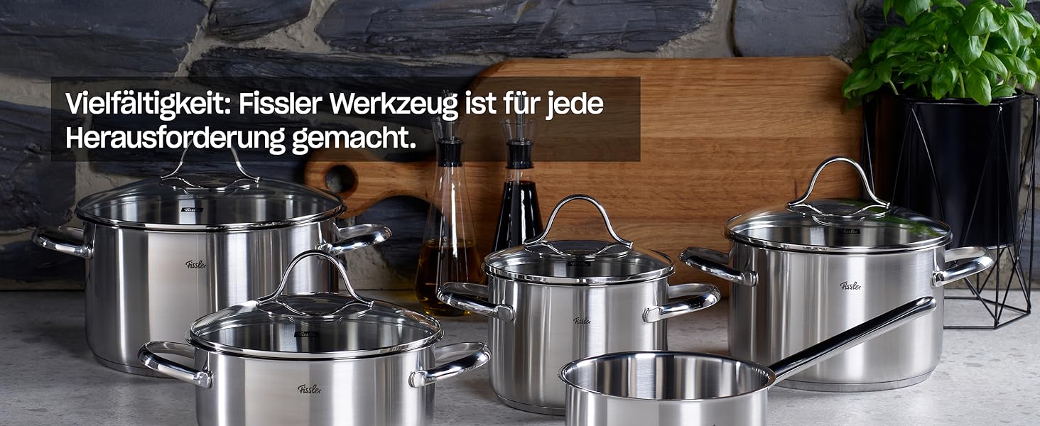 Набір каструль Fissler San Francisco з нержавіючої сталі, 5 предметів, для індукційних плит, зі скляними кришками (3 каструлі, 1 сотейник, 1 каструля з ручкою)