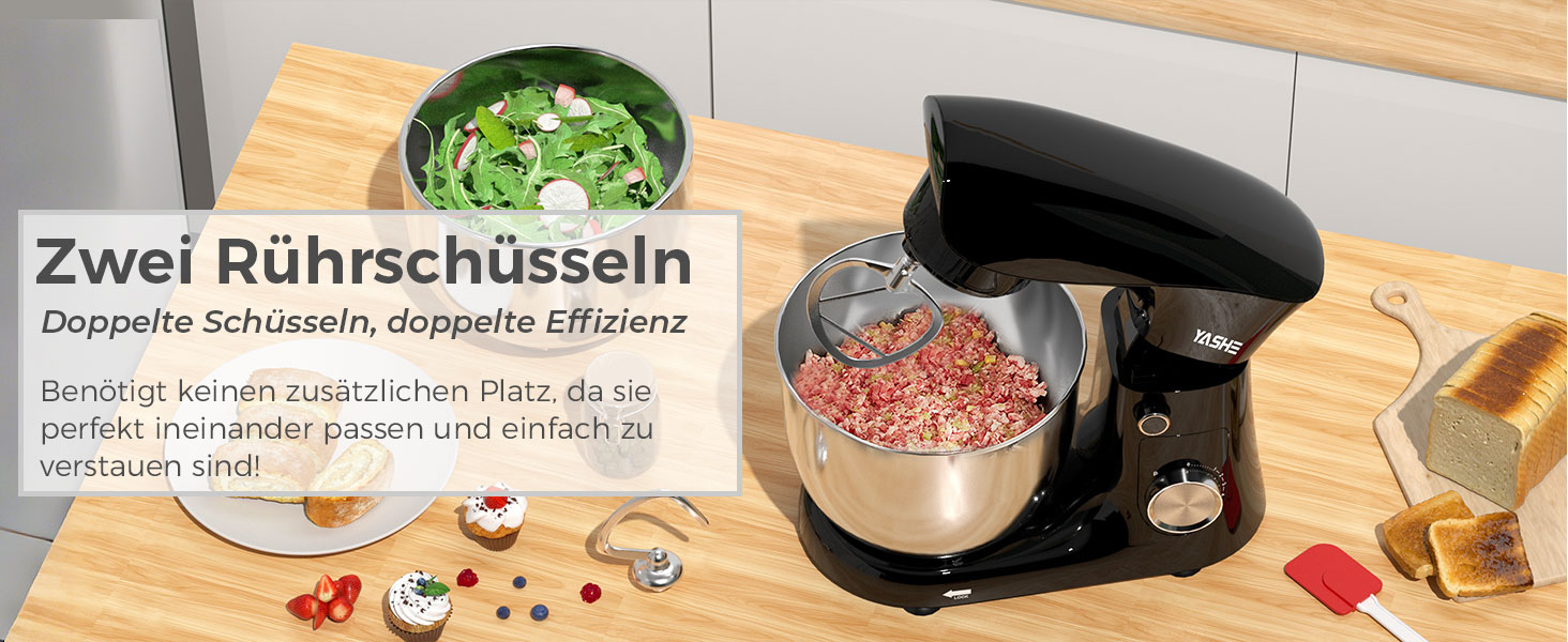 Кухонна машина YASHE 1500W з 2 чашами (4,5L та 5L), 10 швидкостей, нахилений корпус, з гаком для тіста, вінчиком та набором насадок, мультифункціональна