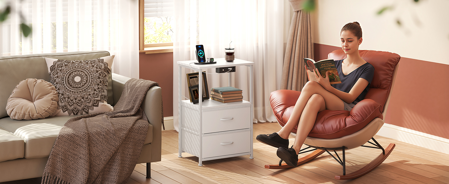 Приліжкова тумбочка Coleshome біла з USB, розеткою та LED-підсвіткою, 2 висувні ящики та полиця, для невеликих спалень, 40x30x60 см, в упаковці 1 шт.