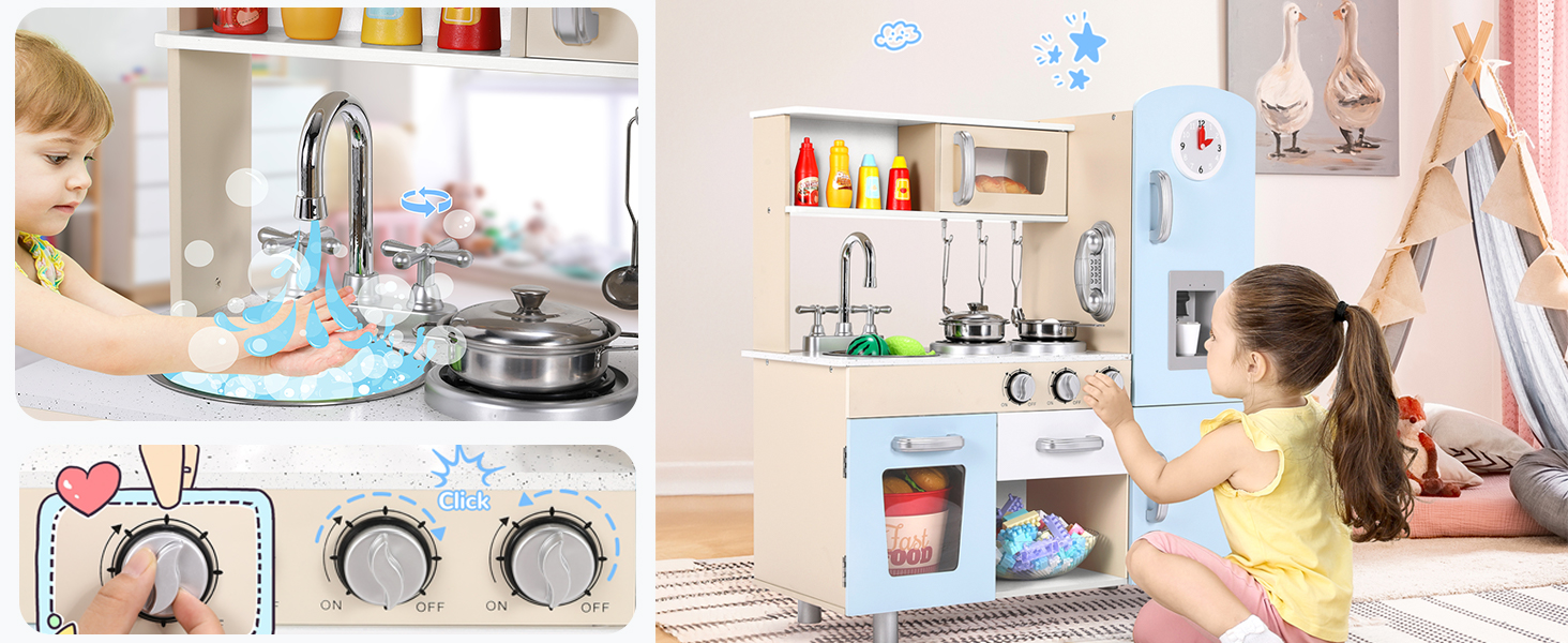 Дерев'яна дитяча кухня Mamizо з аксесуарами, 81x74x30 см, з підсвіткою та звуком, для дітей від 3 років, біло-блакитна