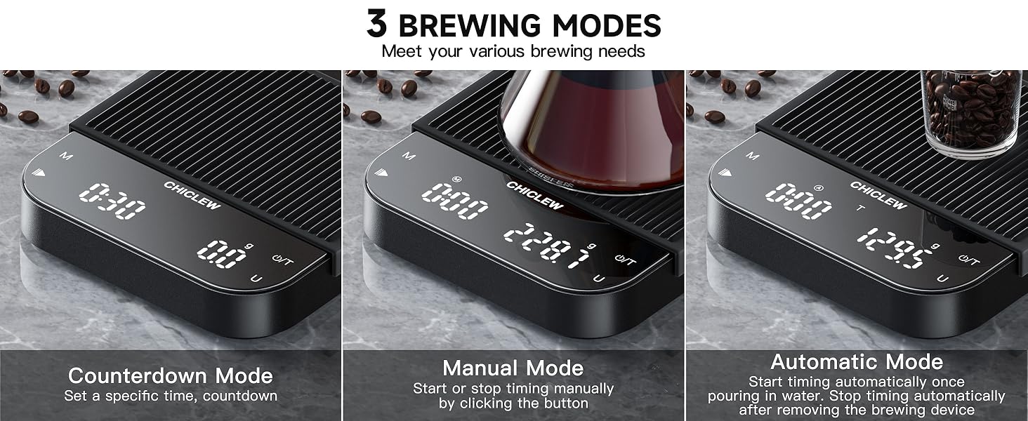 Електрична кавова вага CHICLEW з таймером, 3 кг/0,1 г, для еспресо та Pour-Over, 3 режими, 6 одиниць вимірювання, портативна, з датчиком сили тяжіння, чорна