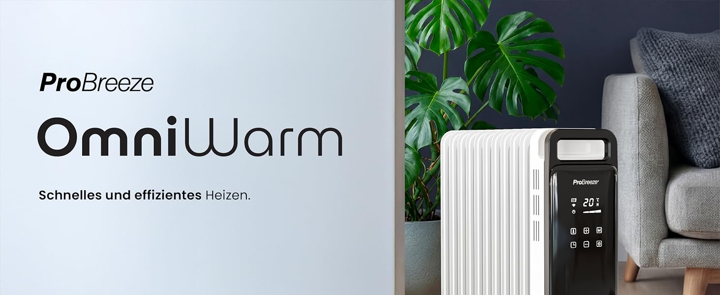 Розумний електричний масляний радіатор Pro Breeze 2500W, 11 секцій, керування через WLAN/App, з термостатом, таймером на 24г та сенсорним дисплеєм, білий