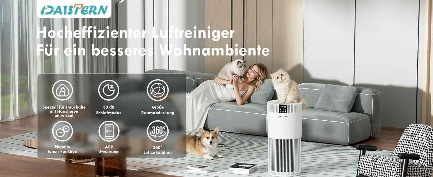 Розумний очищувач повітря з WiFi для власників тварин до 78м², HEPA H13 фільтр, CADR 345м³/год, іонізатор від шерсті, алергенів та запахів