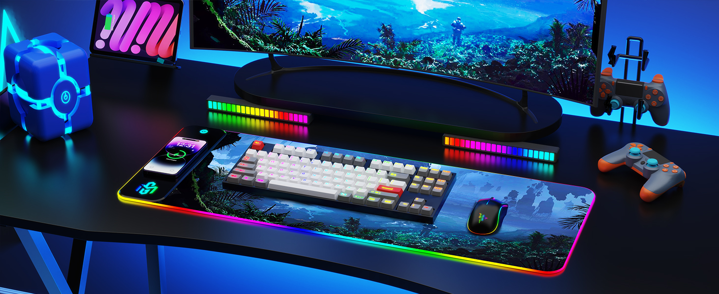 RGB ігровий килимок для миші з бездротовою зарядкою Qi 15W, LED-підсвічуванням, 10 режимів, водонепроникний, протиковзкий для геймінгу, офісу та дому (зоряне небо)