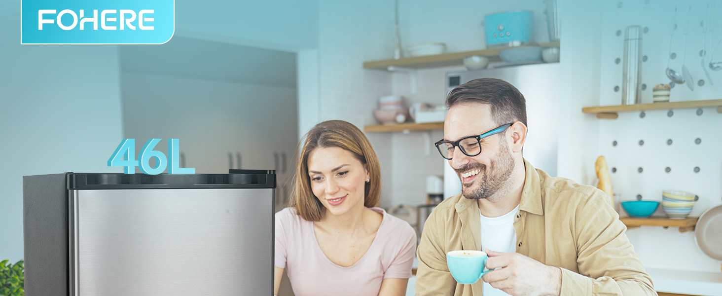 Міні-холодильник E 46L з морозильною камерою, низький рівень шуму 42 дБ, регулювання температури, колір нержавіюча сталь — для офісу, кухні та спальні