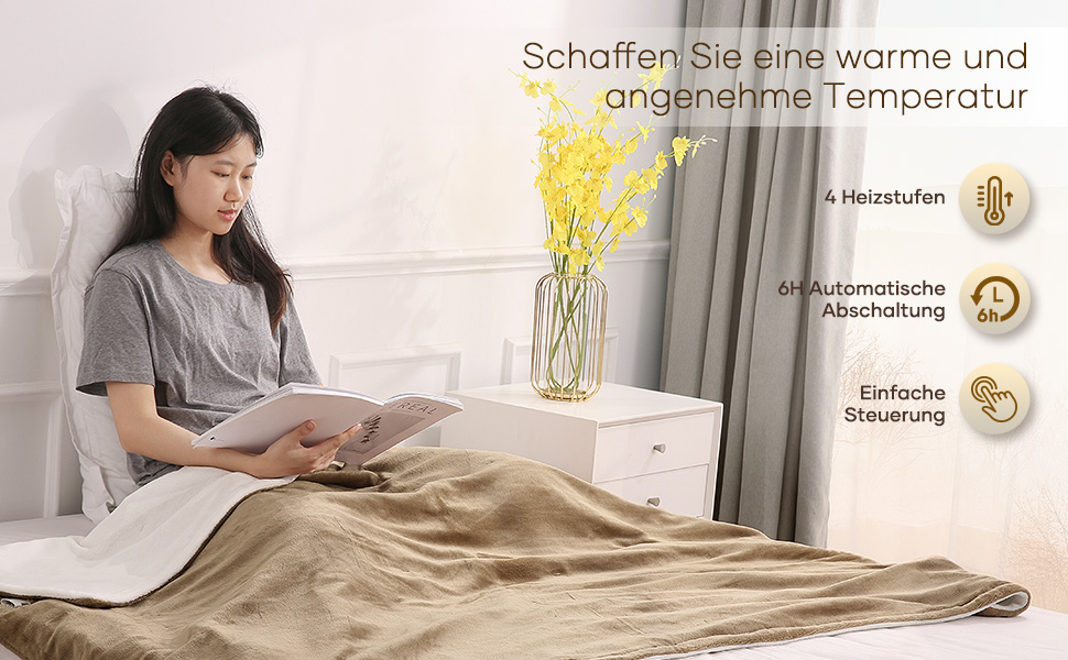 Електричний ковдрик-плед з 4 рівнями нагріву та автовимкнення через 6 годин, 130x180 см, м'який фланель, для зігрівання тіла, машинне прання