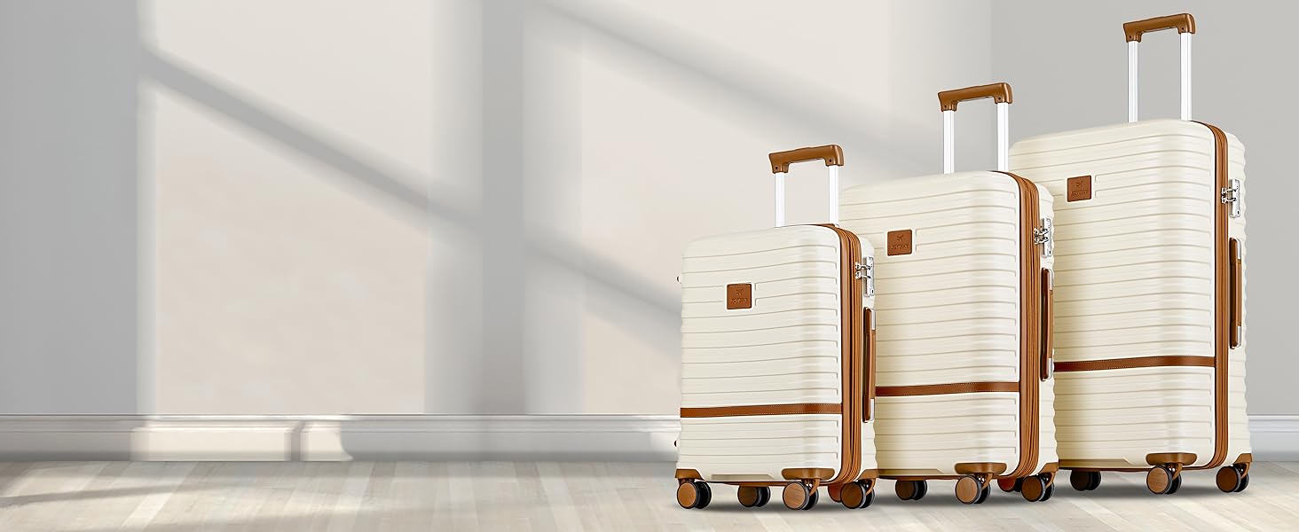 Набір дорожніх валіз Joyway 6 предметів, жорстка оболонка, з косметичкою, 4 колесами та TSA-замком, білий/коричневий