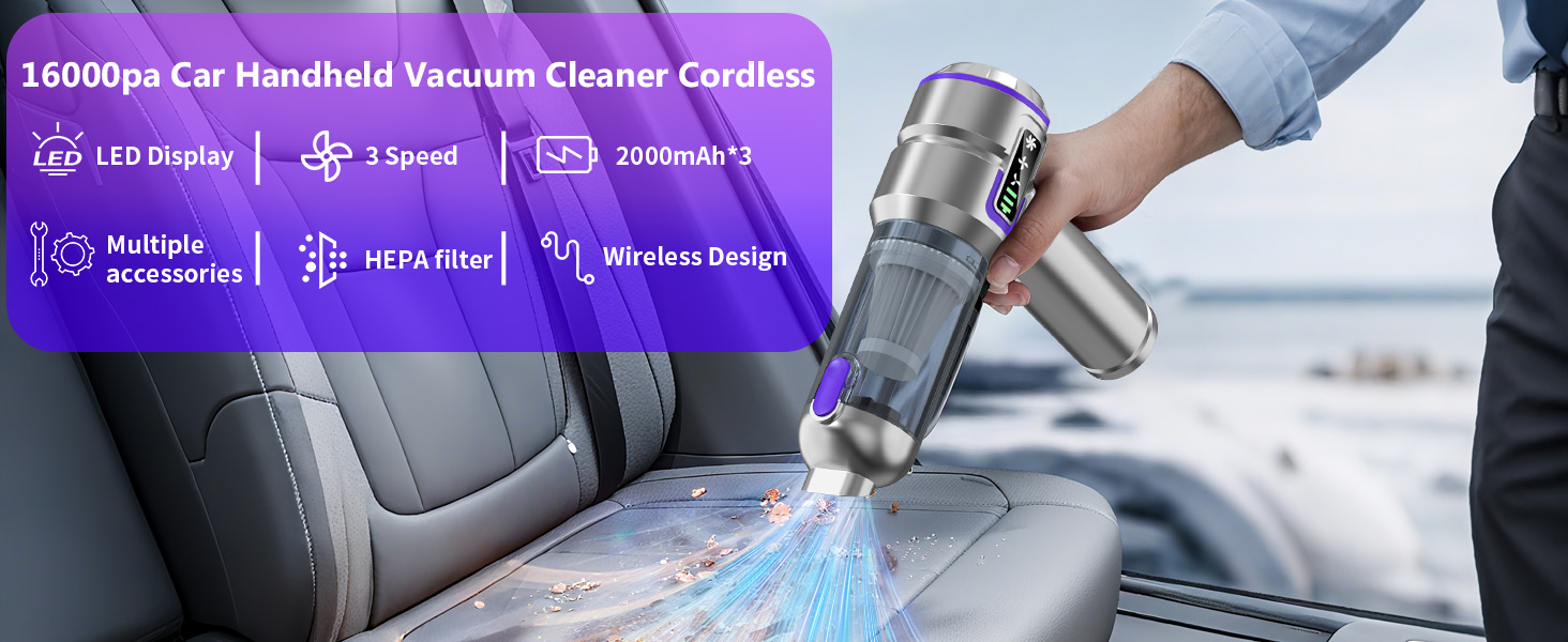 Акумуляторний ручний пилосос для авто та дому 16000Па, портативний міні-пилосос 4-в-1 для диванів, клавіатур, кухні та шерсті тварин