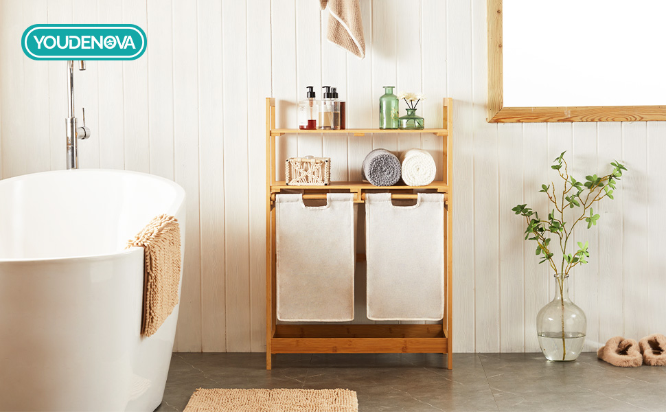 Кошик для білизни YOUDENOVA з бамбукового каркасу, 2 відділення, 2 висувні мішки для білизни, 93x64x33 см, слонова кістка, 70 л