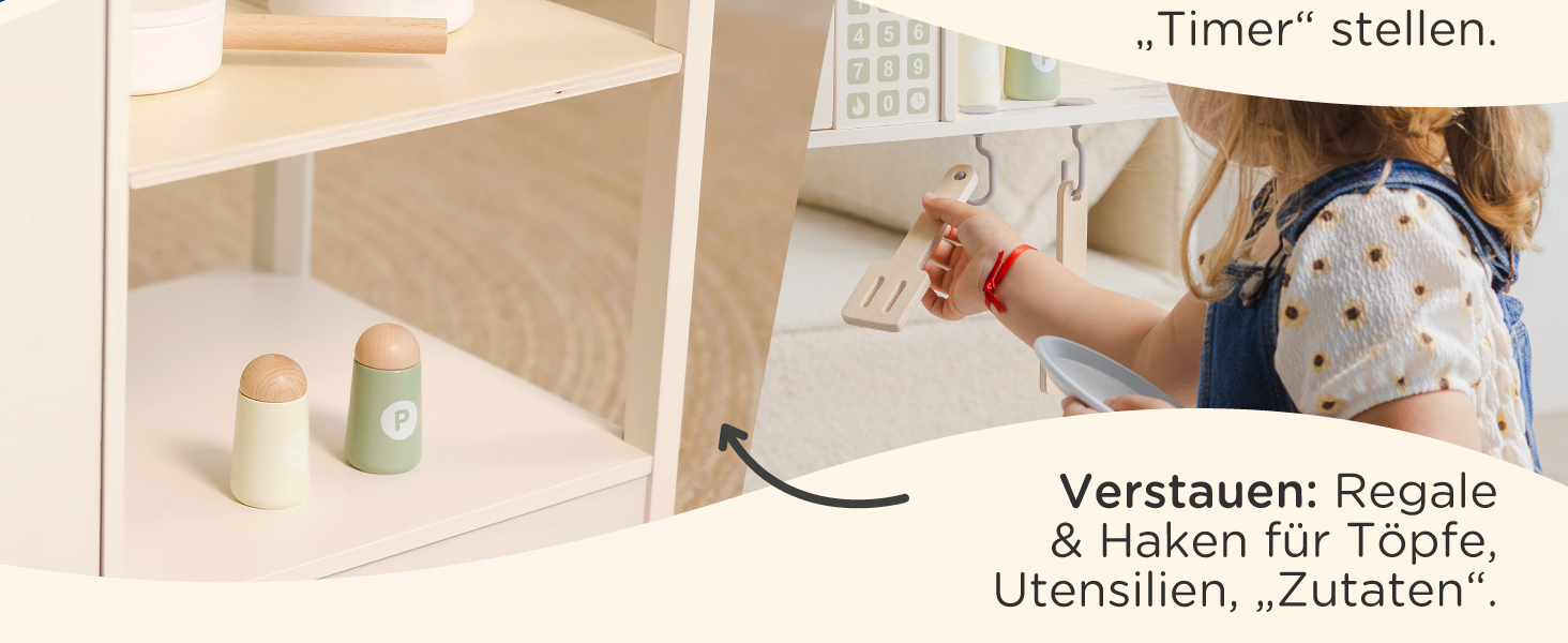 Дерев'яна дитяча кухня Nene Toys – іграшковий кухонний набір з підсвіткою та звуком, мийка, кран, мікрохвильова піч, духовка, полиці, гачки + аксесуари – іграшка Монтессорі від 3 років – подарунок для дівчаток та хлопчиків