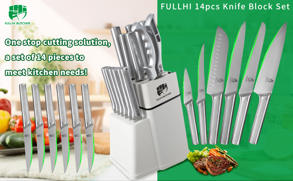 Набір кухонних ножів Fullhi 14 предметів з бруском для заточування, набір кухонних ножів з блоком, преміум якість (срібляста сталь)