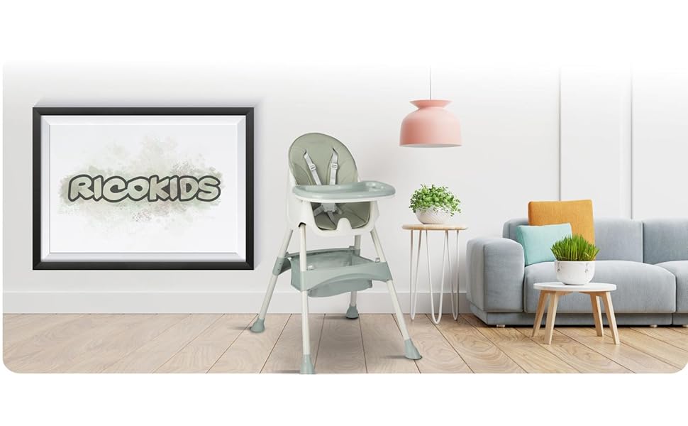 Дитячий стільчик для годування Ricokids 3 в 1, від 6 місяців, з регулюванням висоти, з підносом, колір бежевий (зелений)