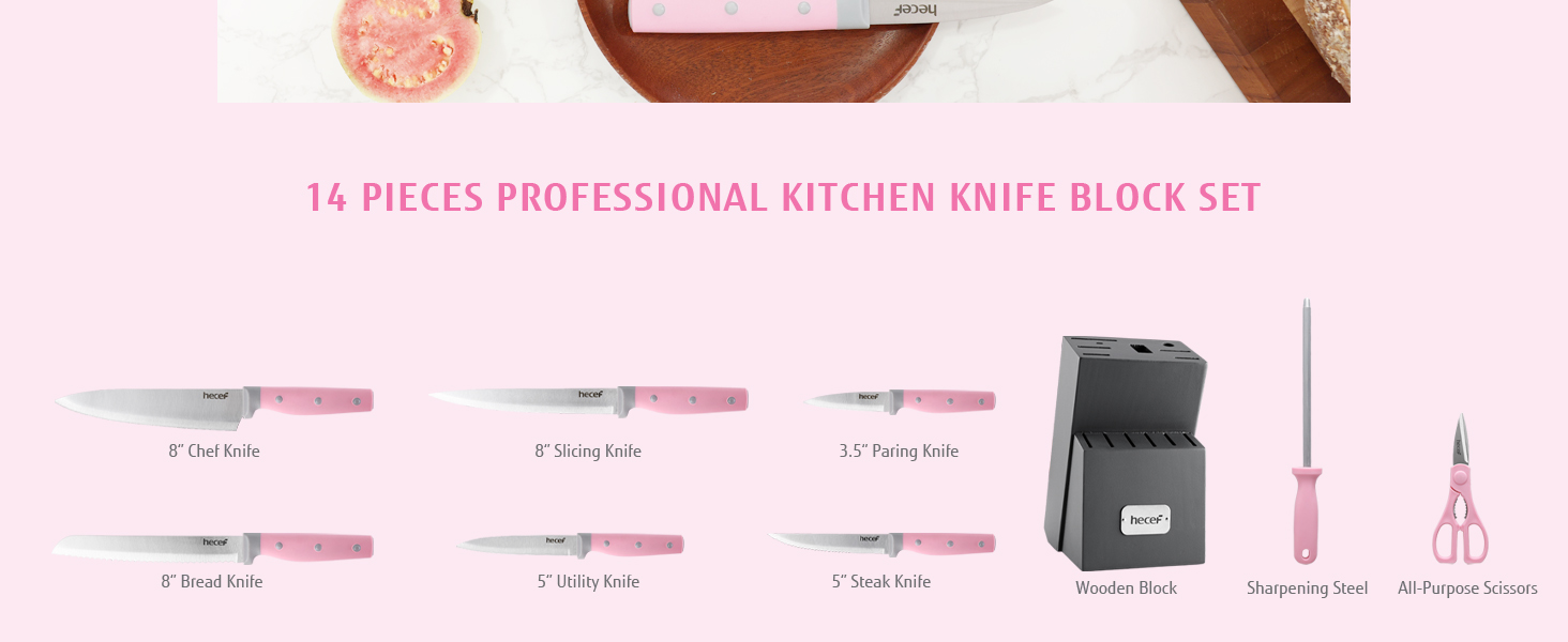 Набір ножів Hecef 14 предметів з дерев'яним блоком, професійний набір кухонних ножів з нержавіючої сталі, з ножицями, ножем для стейка та точилкою (рожевий)
