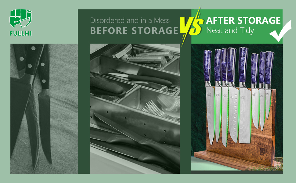 Японський набір ножів Fullhi 15 предметів з магнітним підставкою, леза з японської сталі, ергономічні ручки з фіолетового харчу, для професійної та домашньої кухні