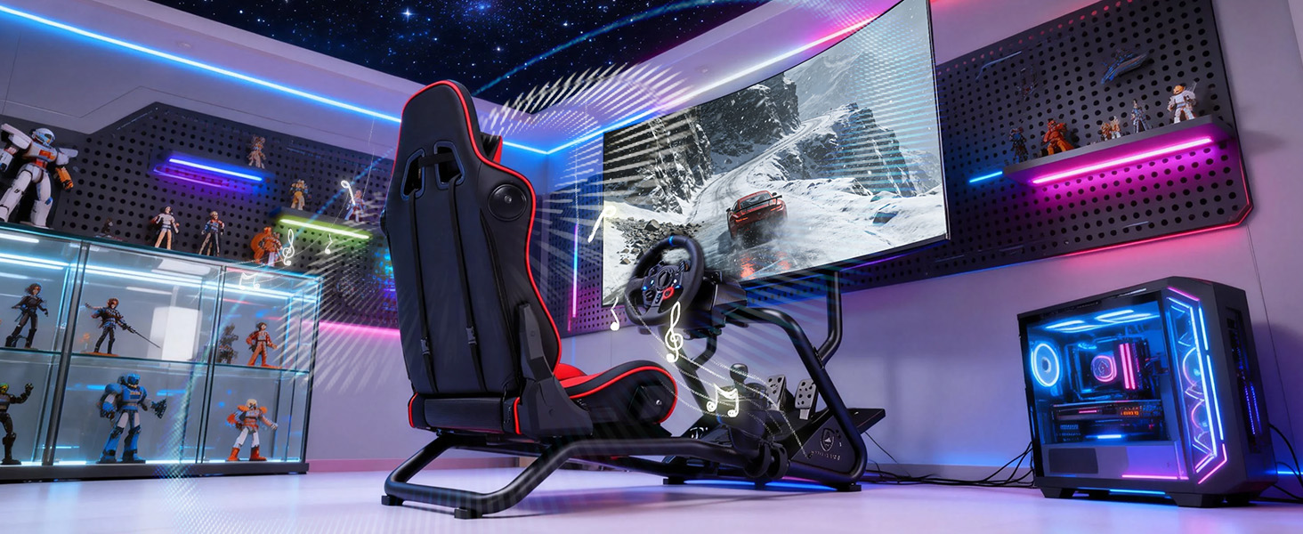 Ігровий симулятор GTPLAYER Cockpit для керма: стійка з 3D-стереодинаміками, тримачем для монітора, педалей та КПП, регульована (Бордовий)