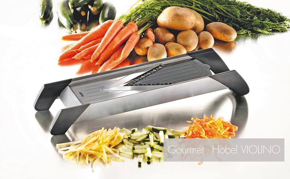 Овочерізка GEFU Violino: кубики, соломка, скибочки, 3 насадки, регульована товщина нарізки 1-5мм, безпечна, з ніжками