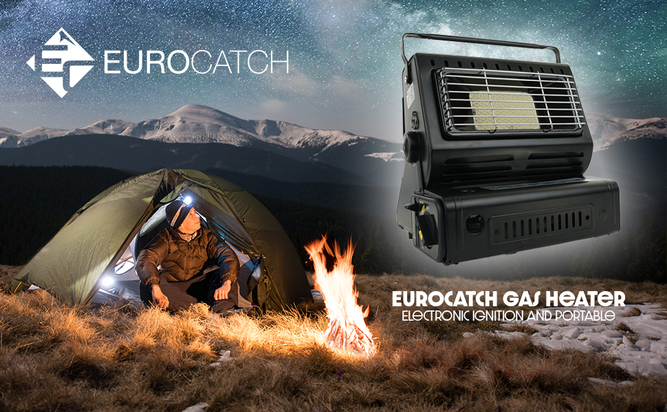 Газовий обігрівач Eurocatch з 8 балончиками газу - для кемпінгу, тераси, приготування їжі. Регульований, портативний нагрівач.