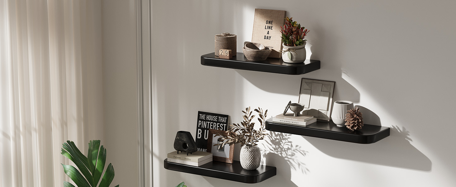 Набір з 3 настінних полиць Wandregal з дерева, чорного кольору - Плаваючі полиці з прихованим кріпленням для вітальні, спальні, кухні, для книг та декору