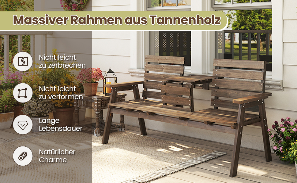Лавка для саду COSTWAY з журнальним столиком, дерев'яна лавка на 2-3 особи, міцна лавка для тераси, балкону та саду, до 320 кг, 160 x 64 x 86 см, колір: натуральний