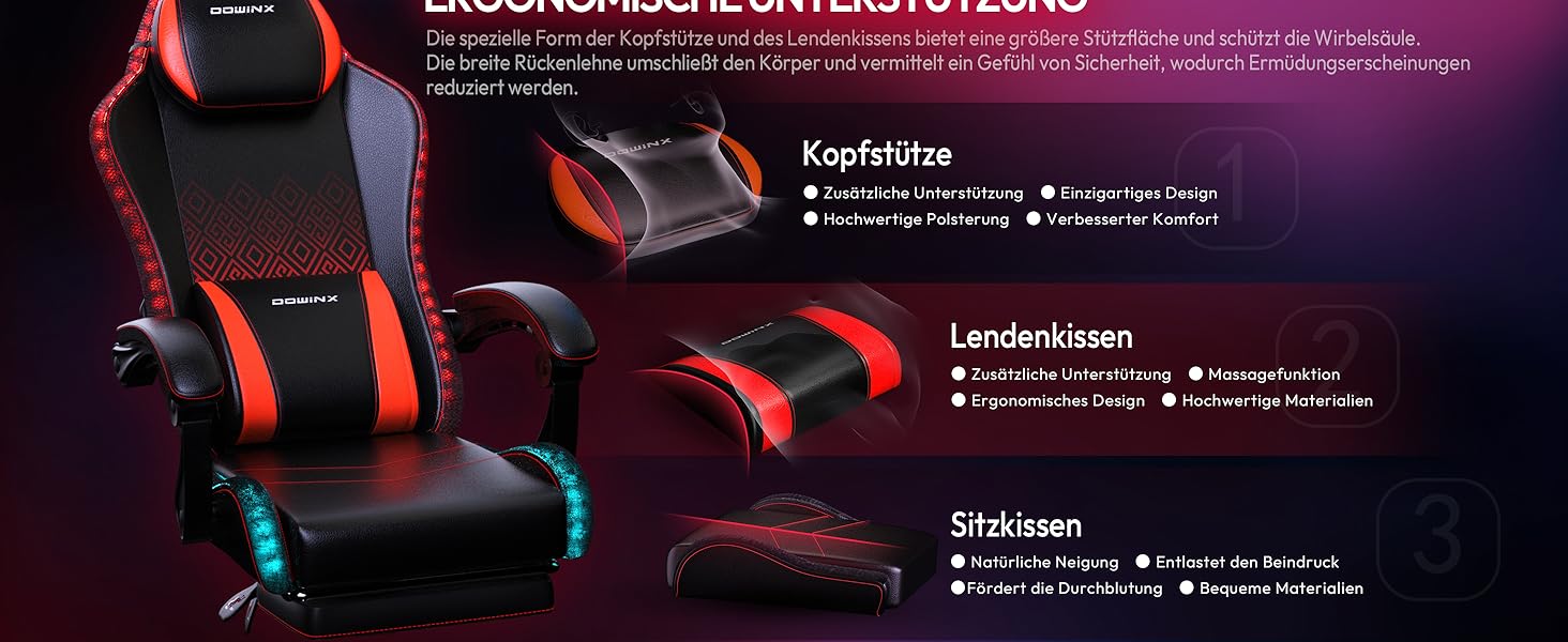 Ігровий крісло Dowinx з RGB підсвічуванням, LED, з підніжкою, для дорослих, ергономічний, з масажем попереку, PU шкіра, білий (червоний)