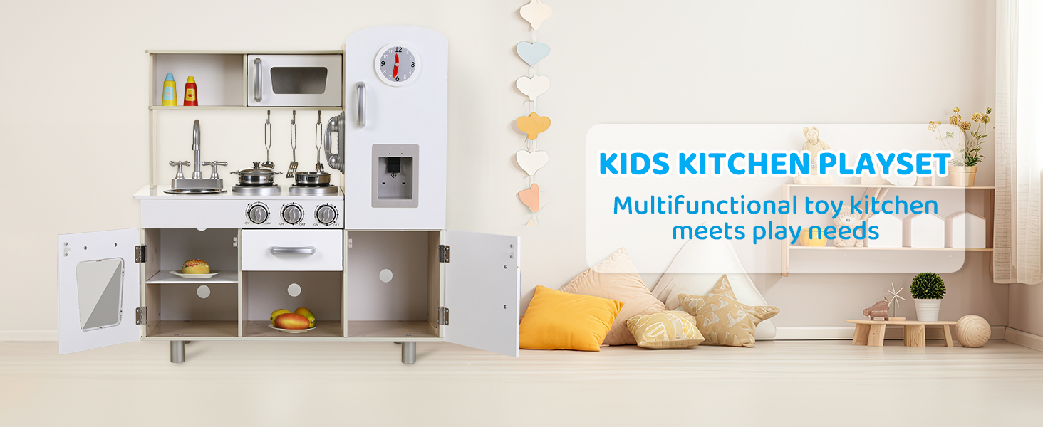 Дерев'яна дитяча кухня MAMIZO - іграшковий кухонний набір для дітей, 81x74x30 см, з підсвіткою та звуком, аксесуари, для дітей від 3 років, білий колір