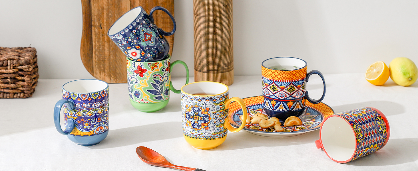 Набір чашок для капучино HENXFEN: 6 чашок з порцеляни, 600 мл, з ручкою, для кави, чаю, молока, богемний стиль