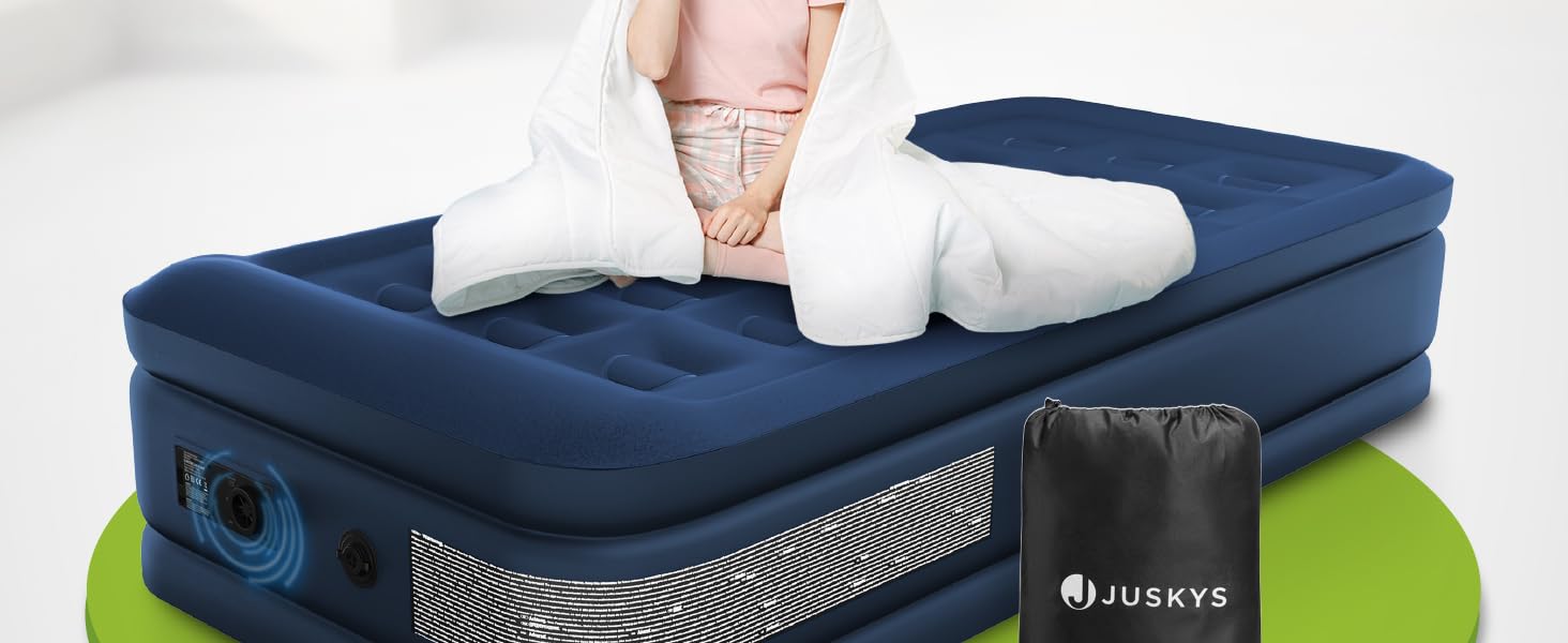 Надувний матрац Juskys Sapri M блакитного кольору - 1 особа, самонадувний, для гостей та кемпінгу, з вбудованим насосом