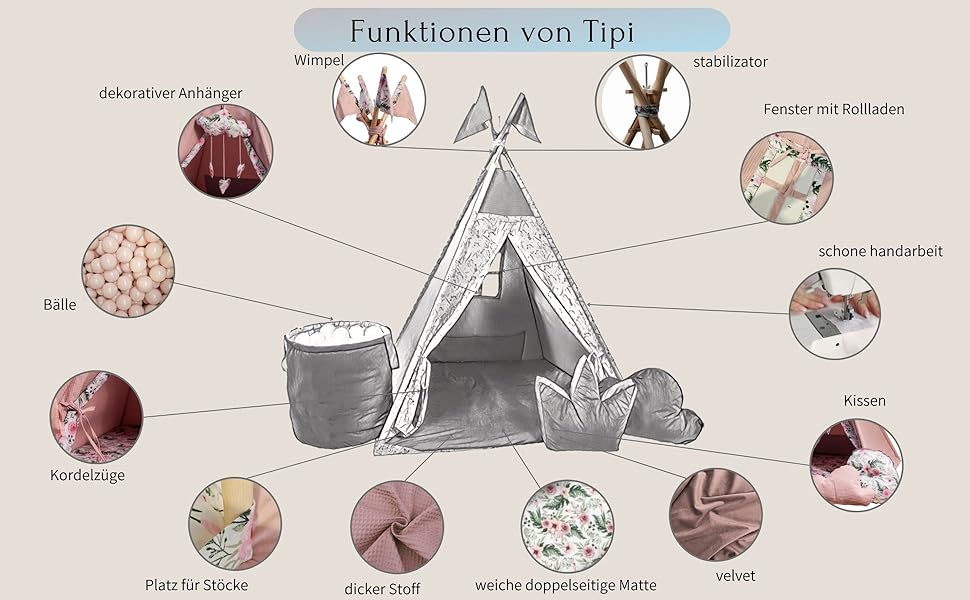Дитячий намет-тіпі з килимком, подушкою та м'ячами - Тіпі для дитячої кімнати, ігровий будиночок для дівчаток, намет-тіпі для дітей, ігрові прилади для дому - Рожевий сад