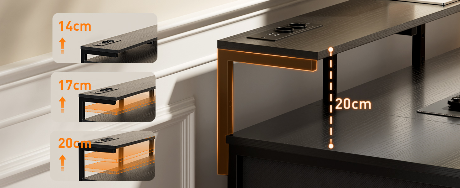 Комп'ютерний стіл з 8 висувними ящиками, 2 розетками, 2 USB-портами, LED-підсвічуванням та підставкою для монітора, 120 x 50 x 74 см (Чорний)