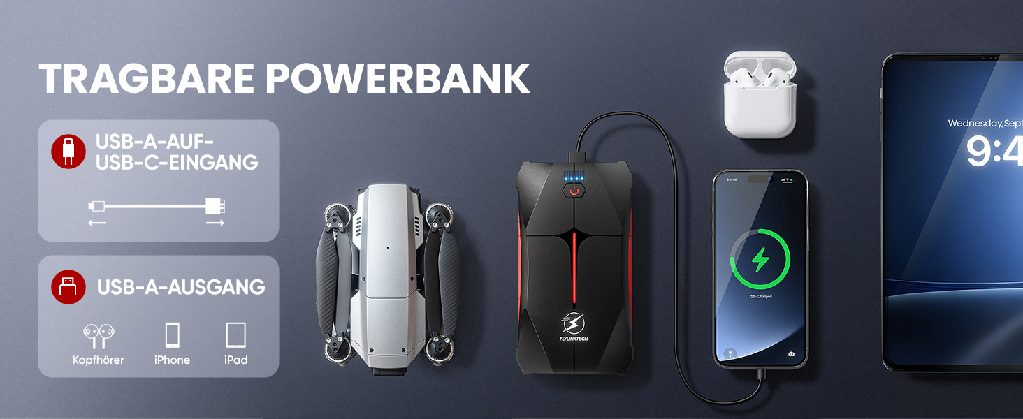 Powerbank для запуску авто FLYLINKTECH 4000A, 12V. Запуск до 9L бензину/8.5L дизеля. IP67, водонепроникний. LED, USB та USB-C.