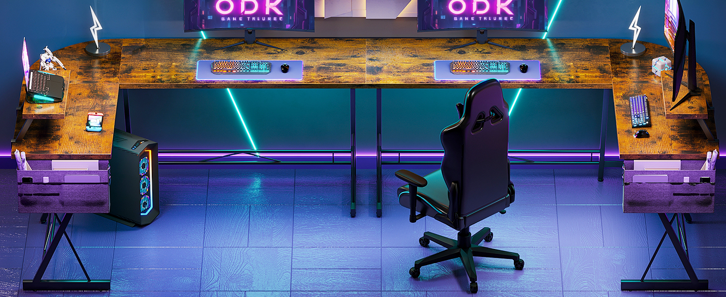 Ігровий стіл ODK Gaming, кутовий стіл для геймерів, стіл у формі L з підставкою для монітора, для офісу (Вінтаж Коричневий, 167 x 120 см)