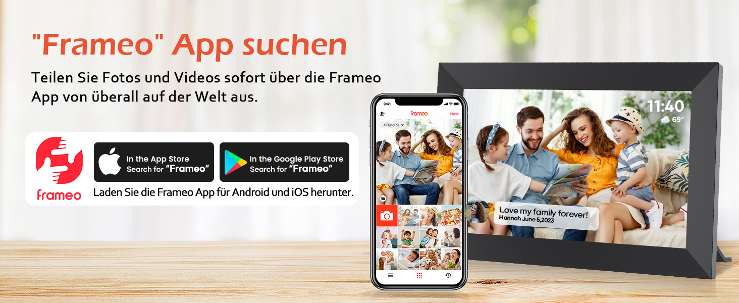 Цифровий фоторамка Frameo 10.1 дюйма WiFi, IPS сенсорний екран, 32GB, автоматичне обертання, для стін, миттєва відправка фотографій
