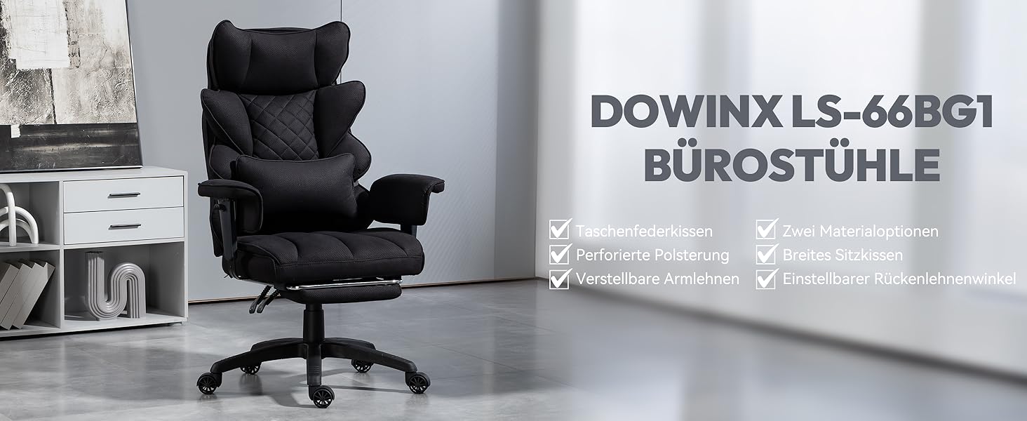 Ігровий крісло Dowinx, ергономічний офісний крісло з кишеньковим пружинним сидінням, крісло для начальника з подвійною м'якою спинкою та регульованою поперековою подушкою, підлокітниками та підставкою для ніг (Чорний, тканина)
