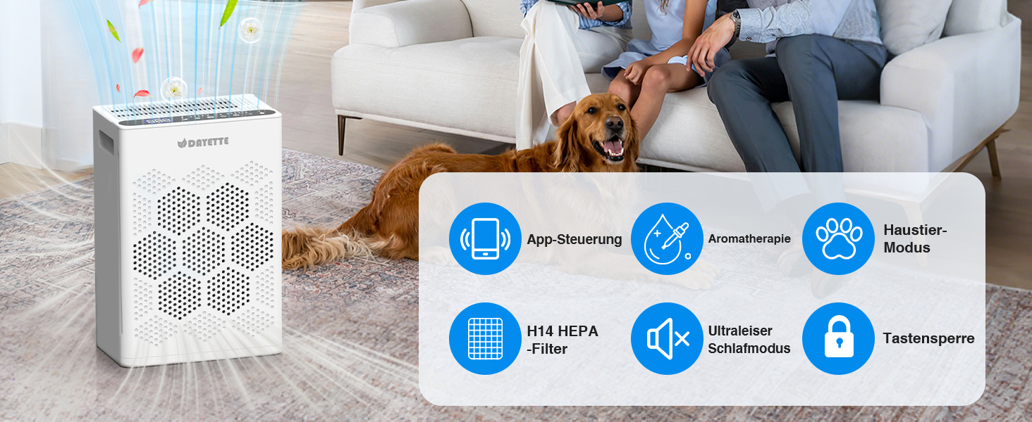 Очищувач повітря для алергіків з HEPA H14 фільтром та мийним передфільтром, CADR 300м³/год, керування через App та Alexa, для приміщень до 100 м²