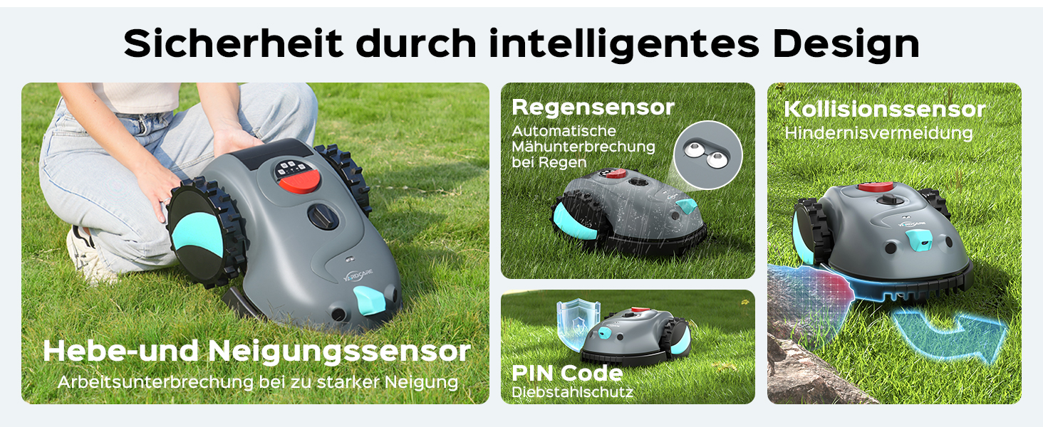 Робот-газонокосилка V100 без обмежувального кабелю з камерою, уникнення перешкод, навігація Vision, акумулятор 4 Ah, 150㎡, запасні леза, спіральне косіння, сірий колір