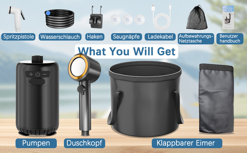 Портативна душова кабіна для кемпінгу з акумулятором 8000mAh, насосом та відром, комплект для відпочинку на природі, туризму, миття авто та тварин
