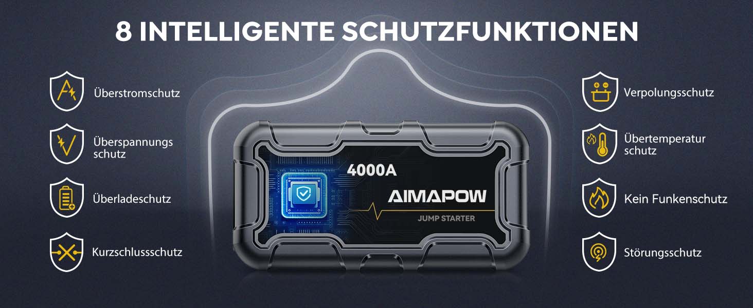 Powerbank Starthilfe AIMAPOW для автомобіля з компресором 160PSI, 27000mAh, 4000A, для бензинових та дизельних двигунів (до 12.0L), LED-ліхтар 600 LUM