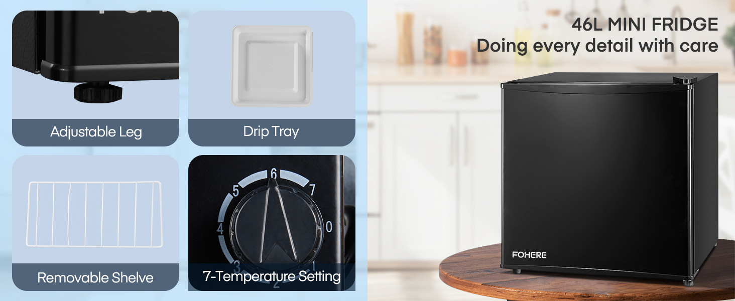 Міні-холодильник E 46L з морозильною камерою, енергоощадний, регулювання температури, рівень шуму 42 дБ, чорний — для офісу, кухні та спальні