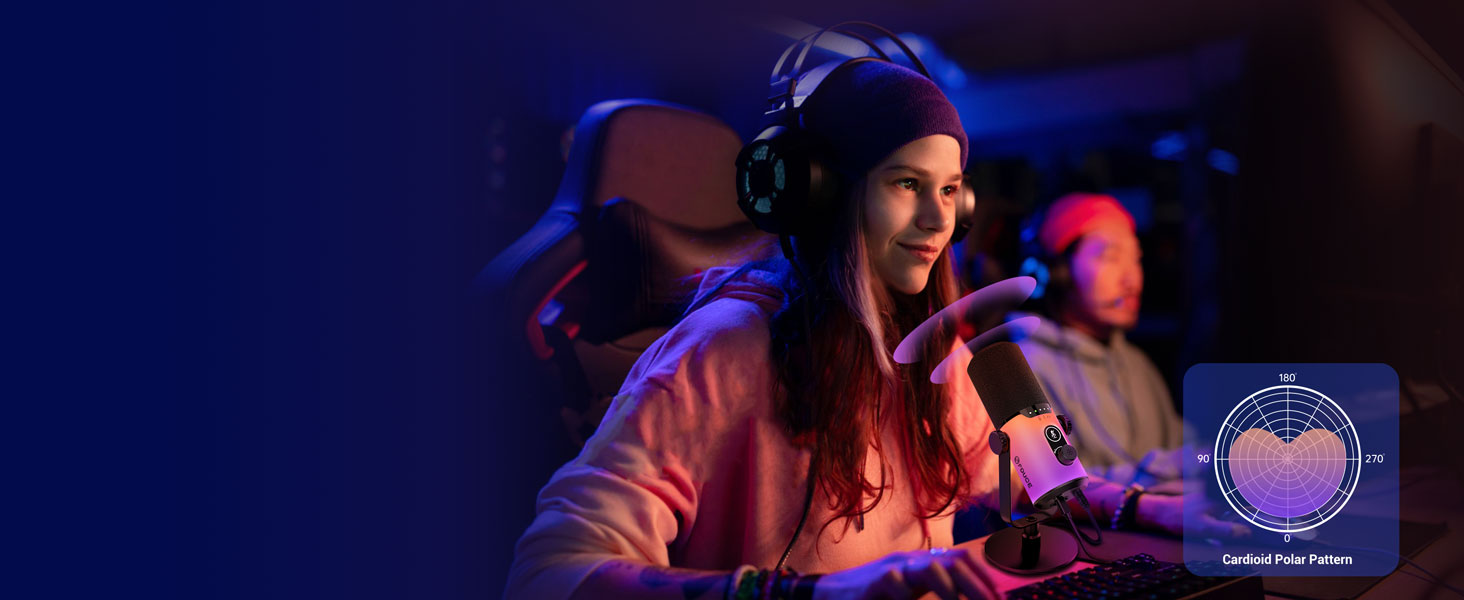 USB/XLR мікрофон для геймінгу та запису голосу FDUCE з RGB підсвічуванням, регулятором посилення та навушником.