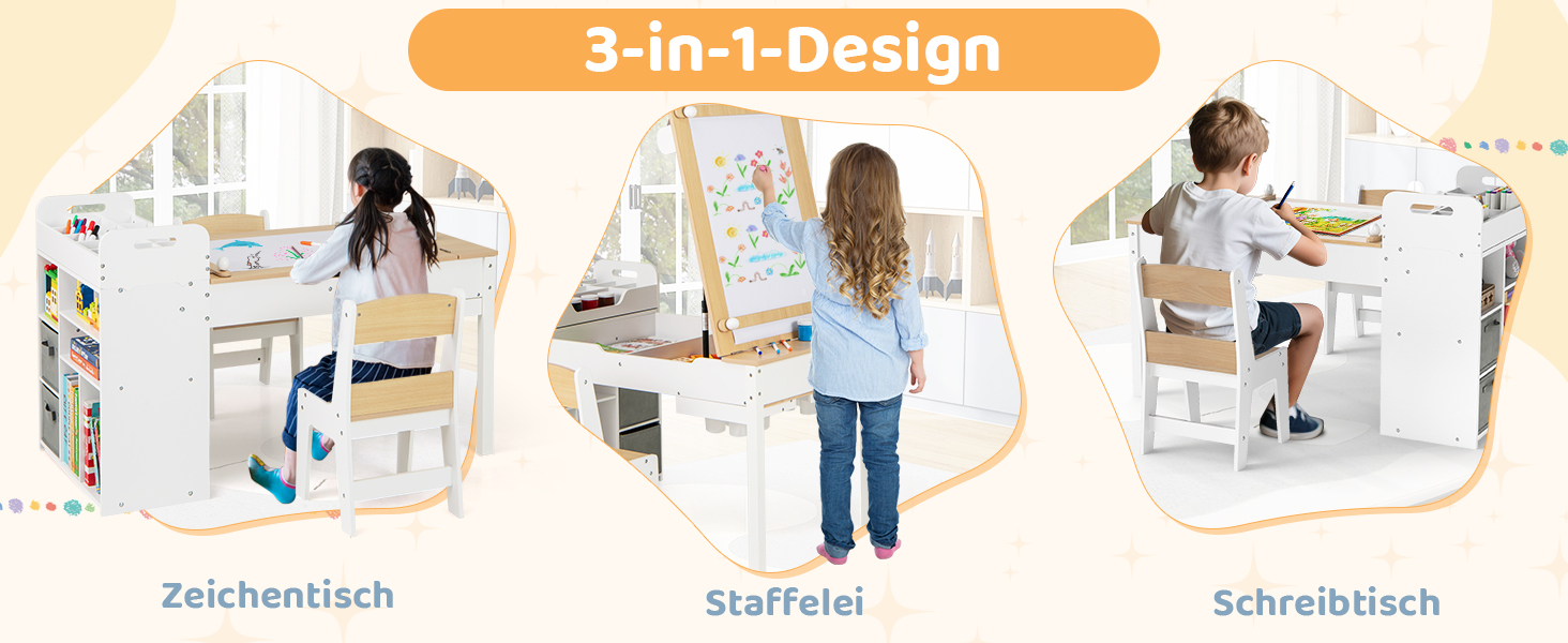 Дитячий стіл COSTWAY 3 в 1 з 2 стільцями: стіл для малювання, мольберт, місце для зберігання. Дерев'яний дитячий стіл-трансформер, 120 x 60 x 60 см (натуральний колір).