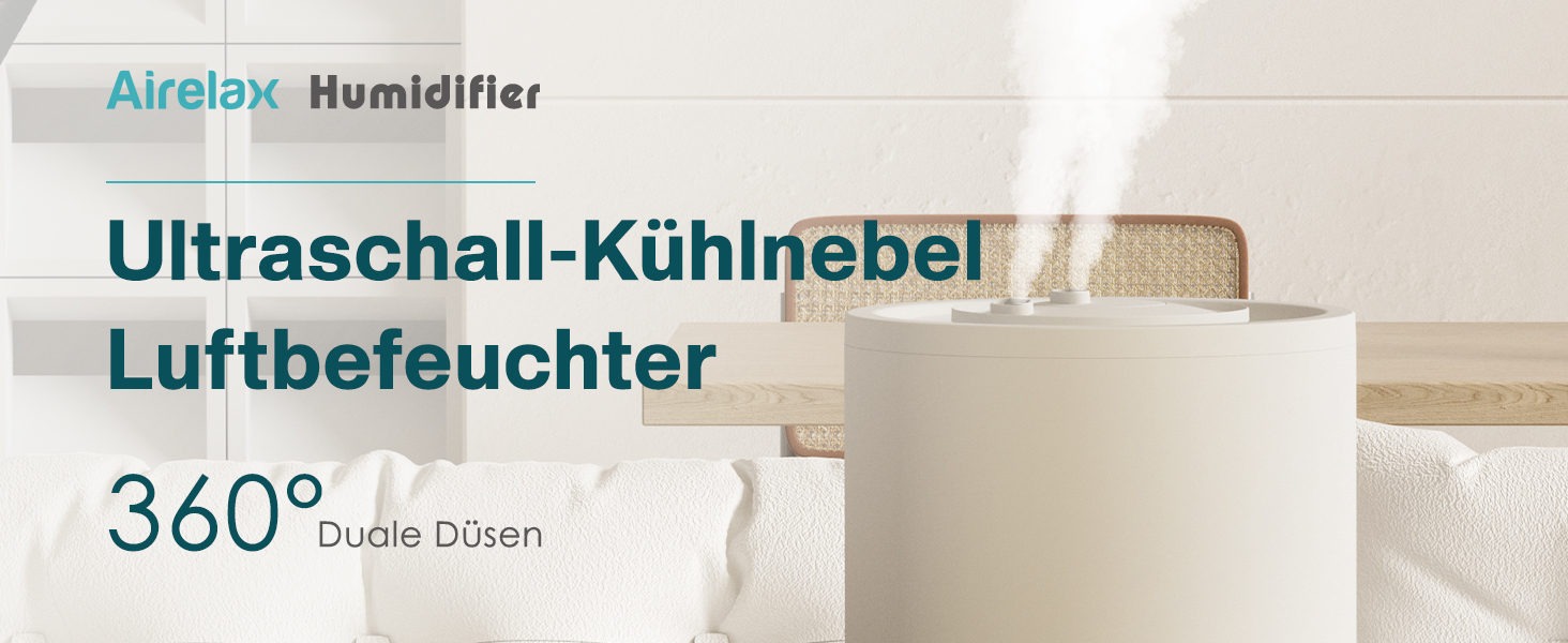 Зволожувач повітря Airelax 2.5л, Ультразвуковий, Зволожувач для спальні з подвійним розпиленням 360°, Тихий (23дБ), Аромадифузор з режимом сну, Автовимкнення
