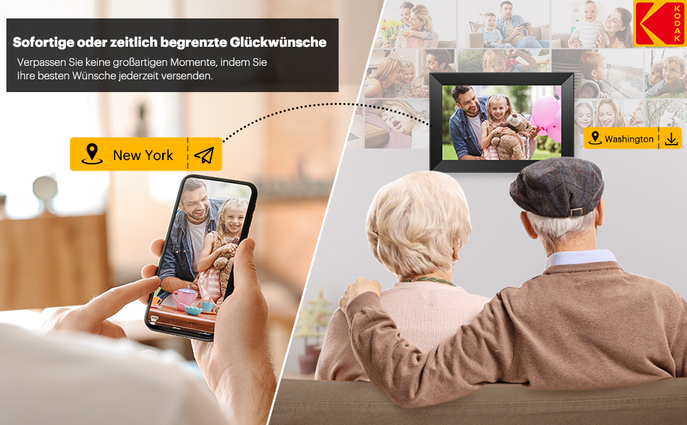 Цифровий фоторамка Kodak 10.1 дюймів з Wi-Fi, HD IPS-сенсорний екран, 32 ГБ пам'яті, автоматичне обертання зображень, можливість ділитися фото та відео через додаток, чорний