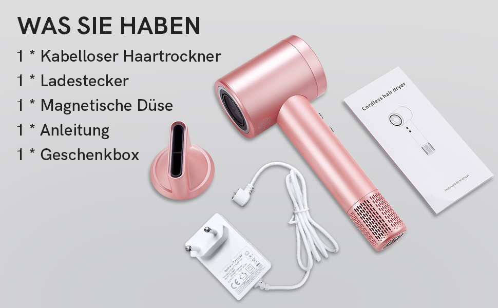 Бездротовий фен з іонізацією, 110 000 обертів/хв, 4 режими заряджання, магнітне сопло, для подорожей, жінок, дітей, активного відпочинку, кемпінгу, пляжу (рожевий)
