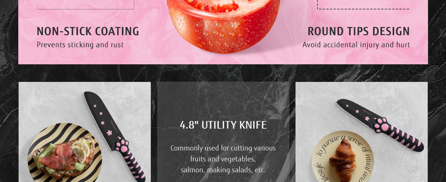 Набір кухонних ножів MEOWKIT 5 шт. з підставкою, нержавіюча сталь, набір ножів у формі котів, чорний/рожевий