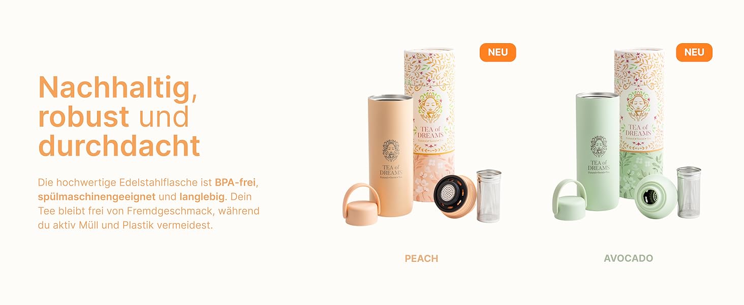 Турботермопляшка для чаю та напоїв 600 мл з нержавіючої сталі, без BPA, з ситом, персиковий колір