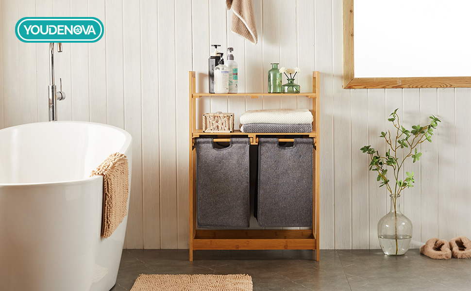 Кошик для білизни YOUDENOVA з бамбукового каркасу, 2 відсіки, 2 висувні мішки для білизни, 93x64x33 см, 70 л, сірий
