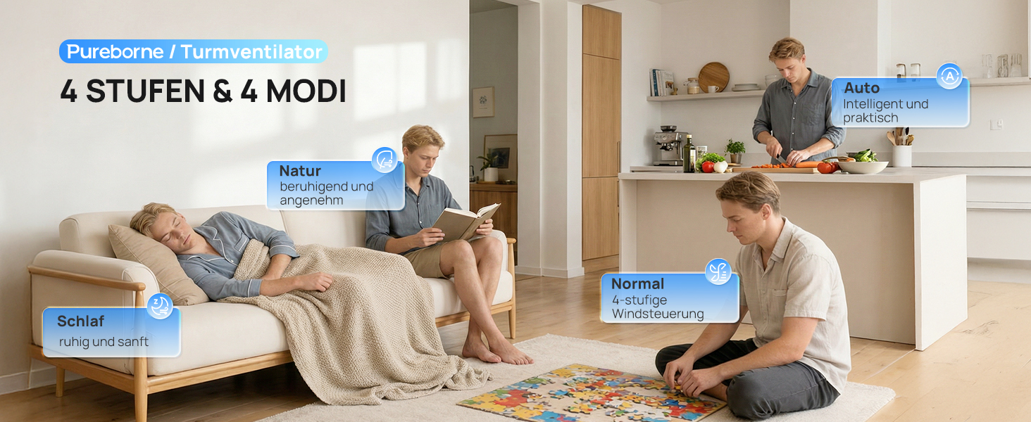 Вентилятор вежовий Leiser Smart 25дБ з осциляцією 90°, 4 режими, таймер 12 год, 109 см, чорний
