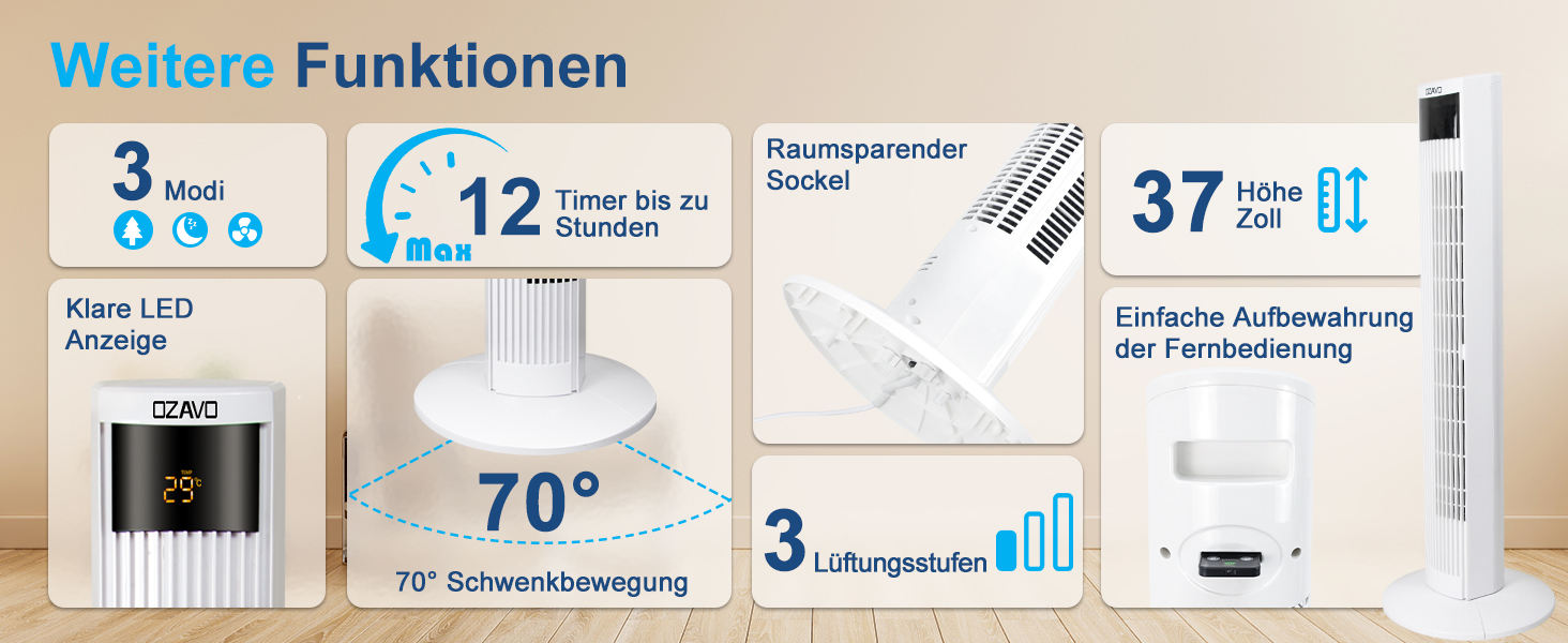 Вентилятор вежовий Turmventilator з пультом, LED-дисплеєм та таймером – 3 режими, 70° осциляція, 50 Вт, 97.5 см (білий)